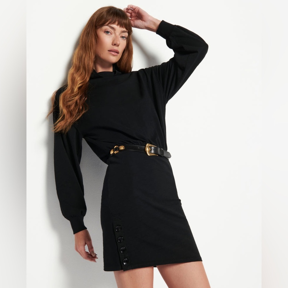 Nation LTD Lisa Dress Small Jet Black Mock Neck Long Sleeve Cotton Button Hem